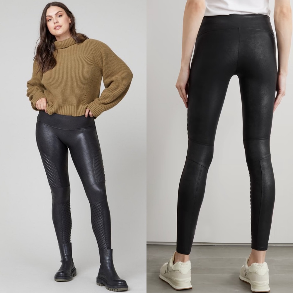 SPANX Moto Coated Black Faux Leather Leggings M